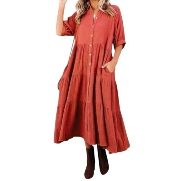 R. Vivimos Rust Red Tiered Midi Dress Women Small NWT Short Sleeves Button-Down - Picture 3 of 6